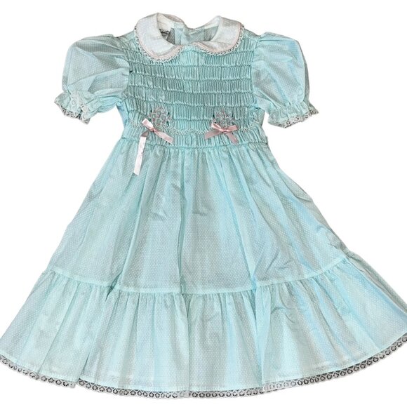 Polly Finders Vintage Hand Smocked Aqua Blue Polka Dot Lace Collar Dress Size 6 - Picture 1 of 8